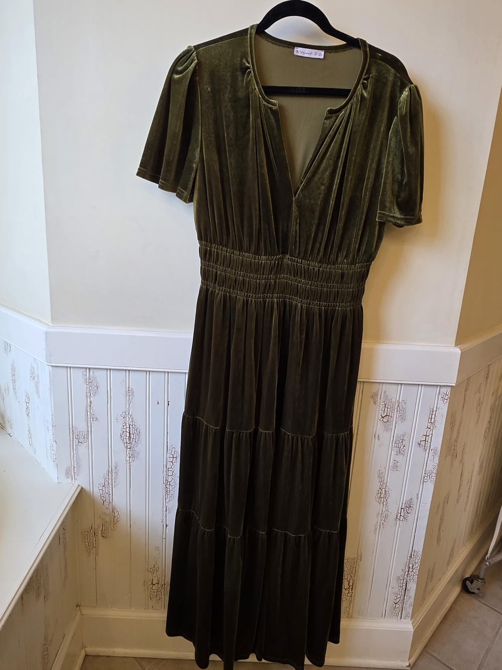 R. Vivimos Olive Green Velvet Tiered Maxi Dress - Women - Picture 2 of 3